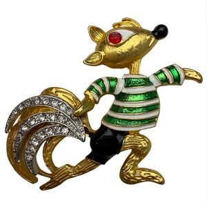 Vintage Brooch Pave Squirrel Crystal Tail Enamel Detail Fox Brooch Cartoon